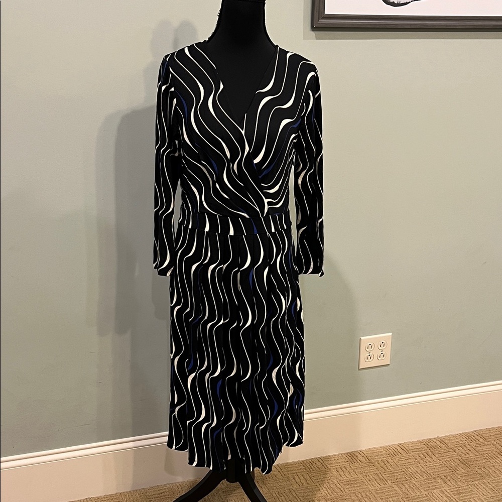 Talbots Black, White and Blue Wave Pattern Dress